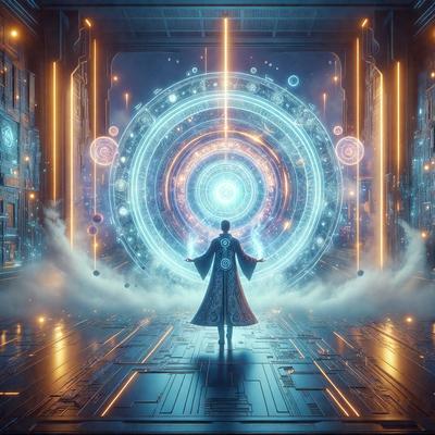 The primary subject of the image is a person, likely a woman, standing in a futuristic setting. She is wearing a long robe and appears to be the main focus of the scene. The setting is a room with a large, circular, blue and white display in the background. The visual style of the image is digital art, with the woman and the room's design appearing to be computer-generated. The colors and mood of the image are predominantly blue and white, creating a sense of futuristic and
